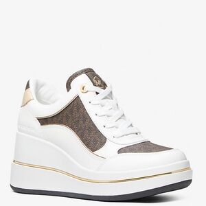 Michael Kors Emmy Signature Logo & Leather Wedge Trainer - 8&1/2 - brown & white